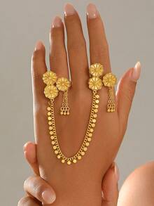 1pc Arabic Vintage Multi-Layer Petal Floral Embossed Bell Dangle Tassel Chain Finger Ring, Women's Wedding Evening Party Celebration Accessory - Yellow Gold - View 2