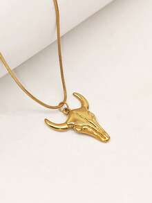 1pc European And American Personalized Hip-Hop Street Fashion Vintage Stainless Steel Bull Skull Pendant Necklace - Yellow Gold - View 3