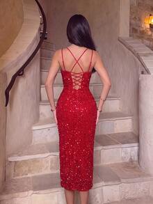 ADYCE Elegant Spaghetti Strap Waisted Backless Bodycon Tie-Back Sequin Midi Prom Gown Homecoming Wedding Guest Ball Date Night Christmas Birthday Party - Red - View 6