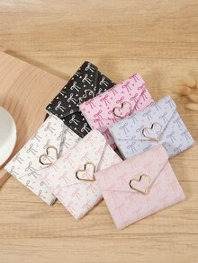 Dompet Wanita Multifungsi Minimalis Kasual dengan Motif Pita, Dompet Multifungsi dengan Dekorasi Hati Logam, Dompet Lipat Tiga untuk Wanita - Putih - View 3