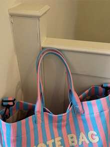 Fresh Colorblock Striped Large Capacity Women's Bag, Lightweight Canvas Fabric, Handheld Or Crossbody, Minimalist Versatile Daily Commute Bag - Multicolor - View 4