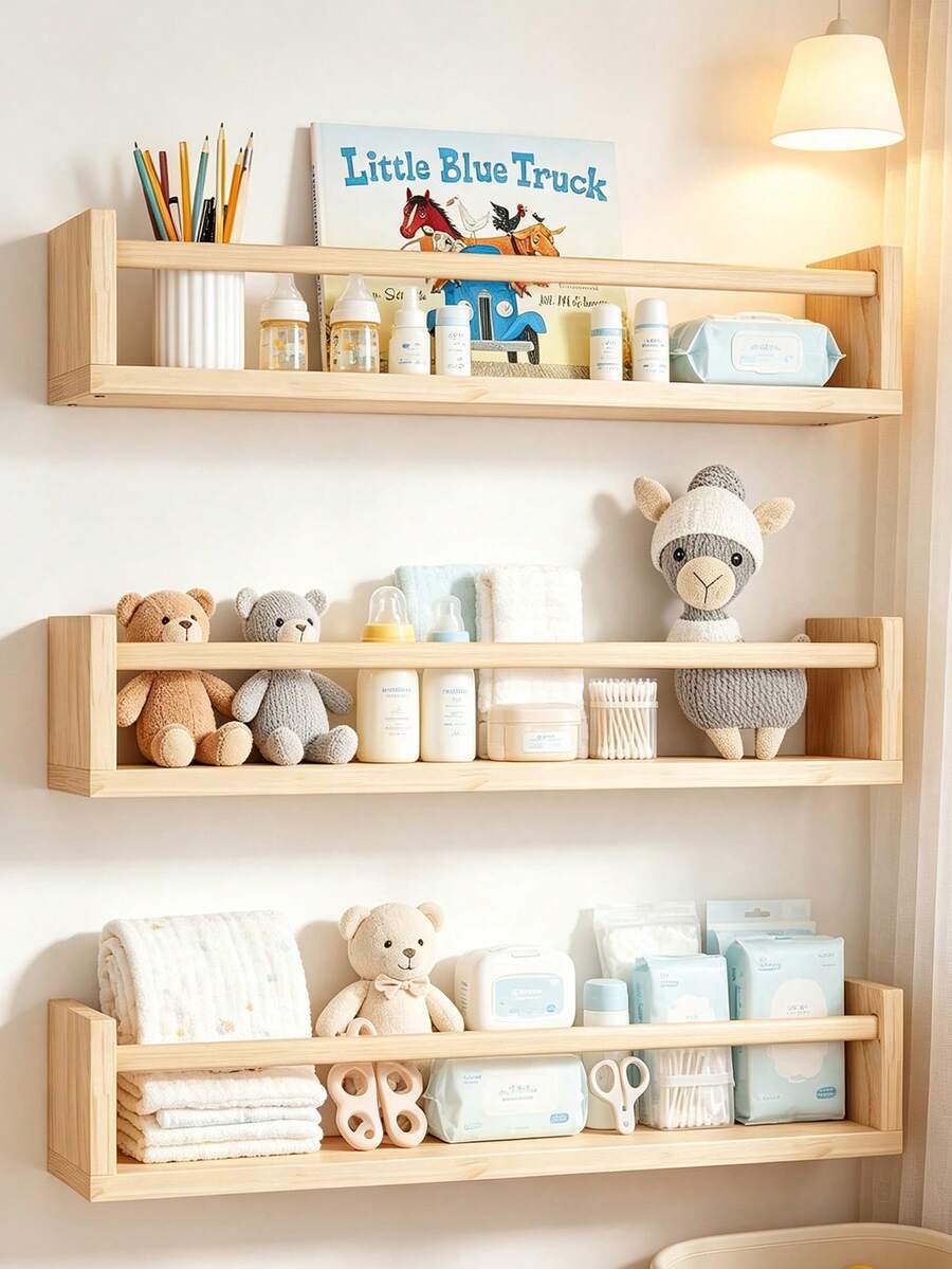 3pcs Natural Wood Children's Wall-Mounted Picture Book Shelf, Wall Storage Bookshelf - Khaki - View 1