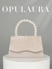 OpulAura 女士优雅仿珍珠缎面手提包，浪漫婚礼钱包，精致迷人的晚礼服配饰包，褶皱设计精致手拿包，适合晚会、舞会、生日派对、节日礼物等正式场合 - 杏色 - 查看 1