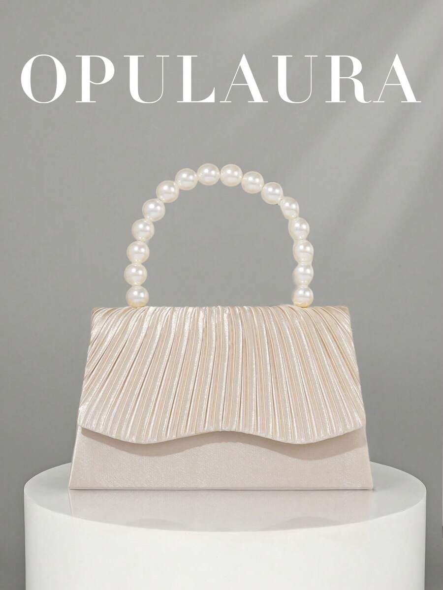 OpulAura 女士优雅仿珍珠缎面手提包,浪漫婚礼钱包,精致迷人的晚礼服配饰包,褶皱设计精致手拿包,适合晚会、舞会、生日派对、节日礼物等正式场合 - 杏色 - 查看 1