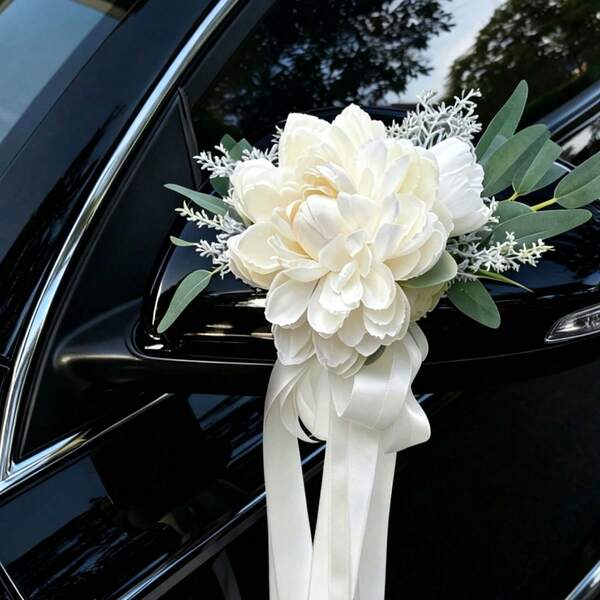 Wedding Car Rearview Mirror Floral Decoration, Wedding Car Door Handle Bow Bouquet Decoration
