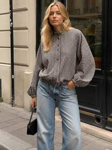 Women Gingham Plaid Cropped Jacket Stand Collar Raglan Sleeve Drawstring Hem Button Casual Coat - Brown - View 8