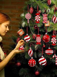 24pcs Candy Cane Christmas Hanging Ornaments, Christmas Tree Pendant Set- Red White Wood Candy Hanging Ornaments,Christmas Deco,Room Decor,Home Decor,Office Holiday Party Decor,Christmas Gift Box Decoration Tags,Window Display,Holiday Photo Props - Pendant - View 4