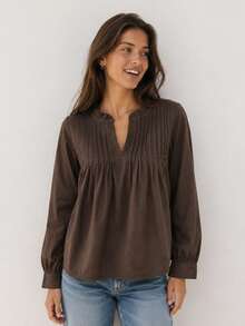 ARMONIAS Teen White Cotton Blouse With Round Neck And V-Neckline, Long Sleeves And Front Pleats, Sizes S To L For Daily Wear And College, Fall 2026 Women's - Brown - View 1
