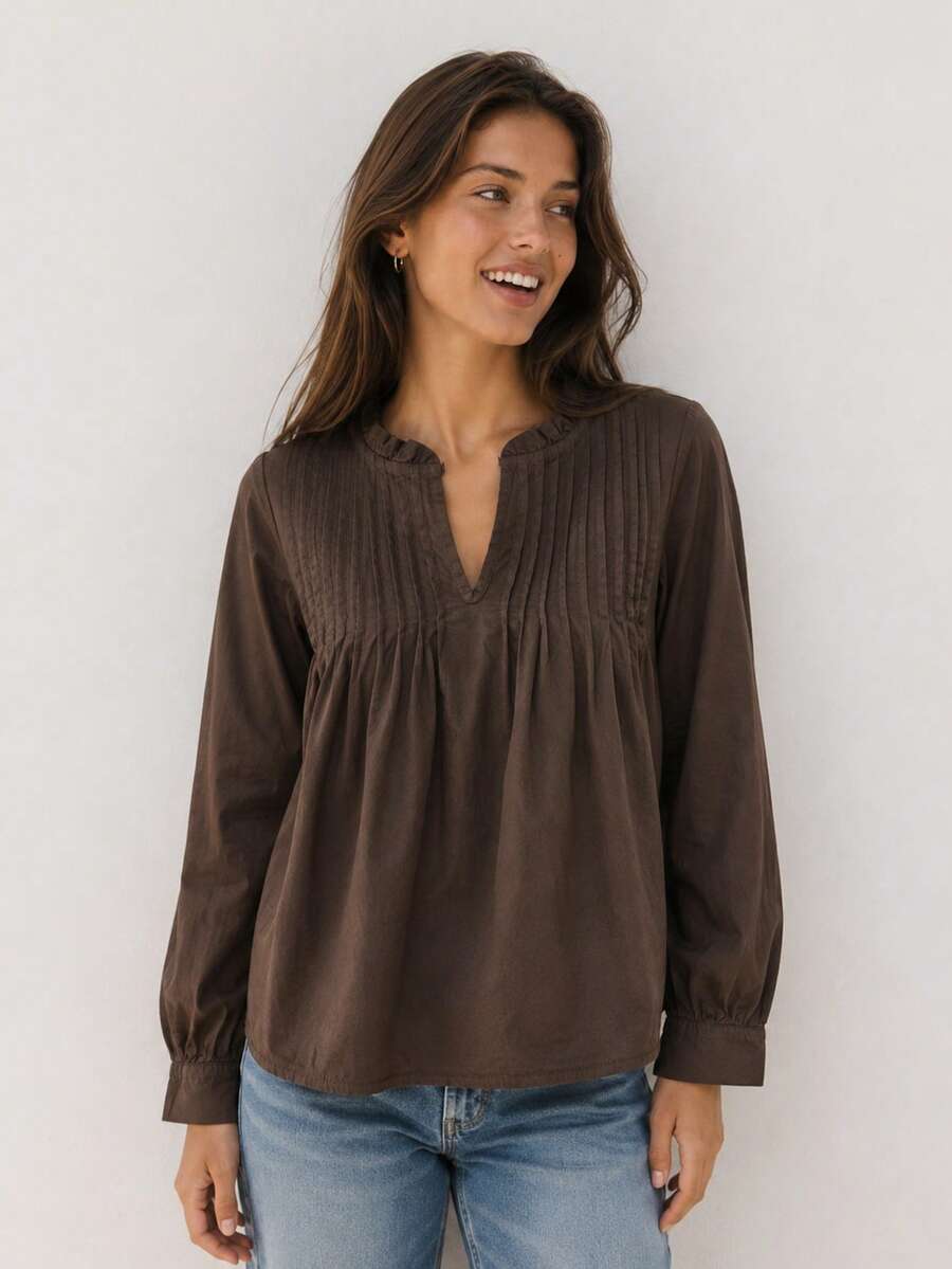 ARMONIAS Teen White Cotton Blouse With Round Neck And V-Neckline, Long Sleeves And Front Pleats, Sizes S To L For Daily Wear And College, Fall 2026 Women's - Brown - View 1