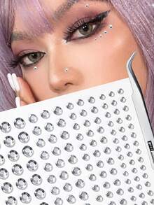 1Sheet/3Sheets/5Sheets Face Gems, Nose Eyebrow Lip Fake Piercings, Rhinestone Self-Adhesive Stick On Face Sticker, DIY Rave Accessories, Y2K Makeup With Tweezers - White - View 1