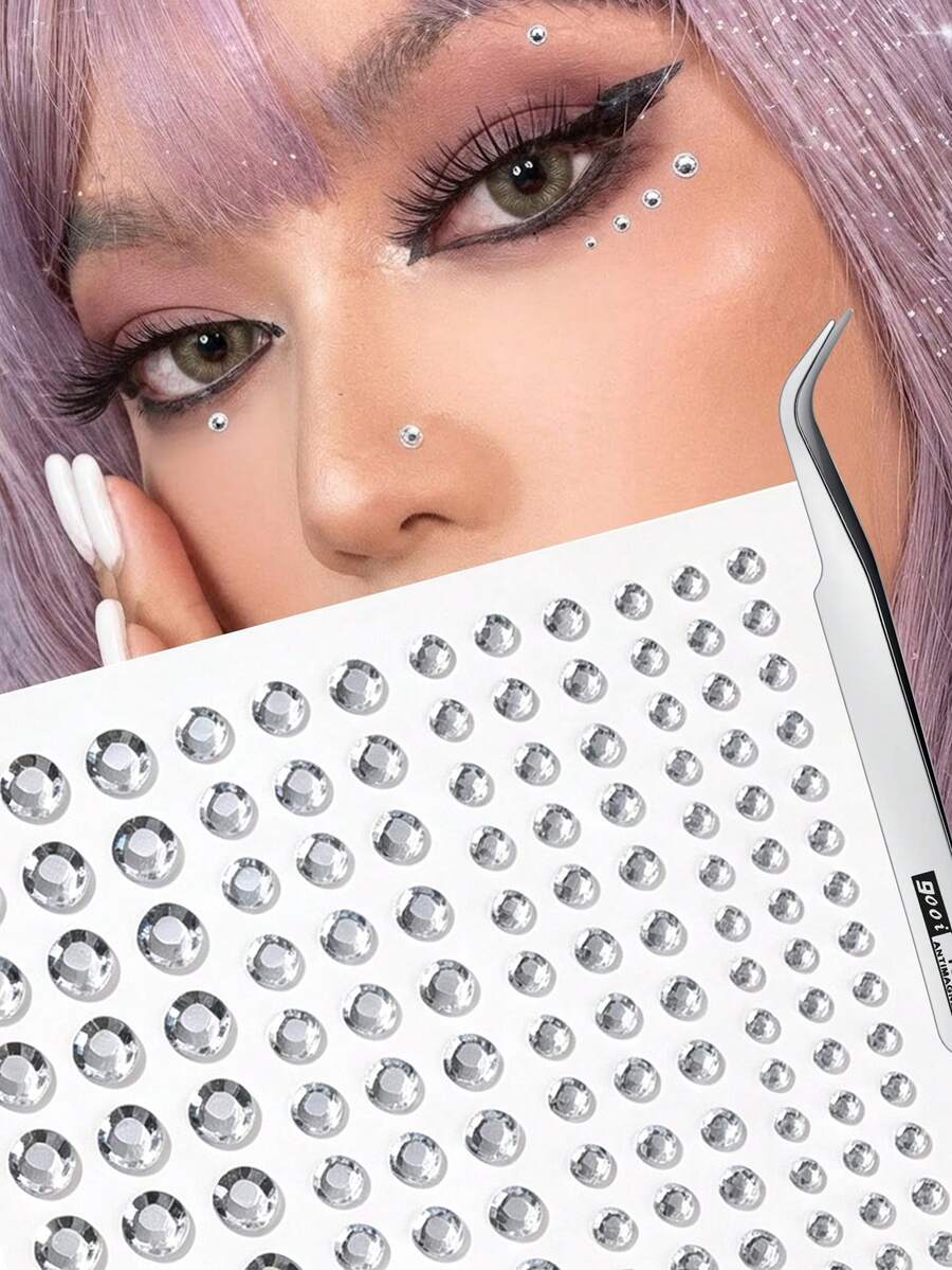 1Sheet/3Sheets/5Sheets Face Gems, Nose Eyebrow Lip Fake Piercings, Rhinestone Self-Adhesive Stick On Face Sticker, DIY Rave Accessories, Y2K Makeup With Tweezers - White - View 1