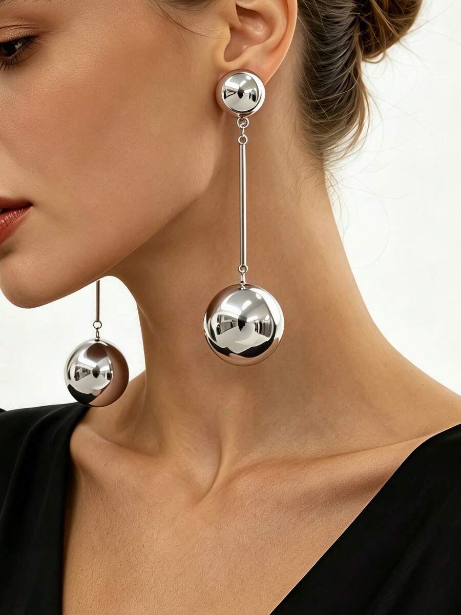 1 Pair Women's Vintage European & American Style Silver Solid Metal Double-Sized Ball Long Dangle Stud Earrings, Shiny Double-Layer Large & Small Metal Beads Vertical Line Earrings, Suitable For Party, Vacation, Banquet Wear - Silver - View 1