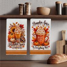 2PCS Kitchen Towel, Autumn Fallen Leaves & Pumpkin Pattern Printed, 40*60cm Rectangular Microfiber Kitchen Towel, Dish Cloth, Tablecloth, Hand Towel, Kitchen Decor, Home Decor, Housewarming Gift For Neighbors, Kitchen Napkin & Dish Cloth, Home Decor, Gift - White - View 6