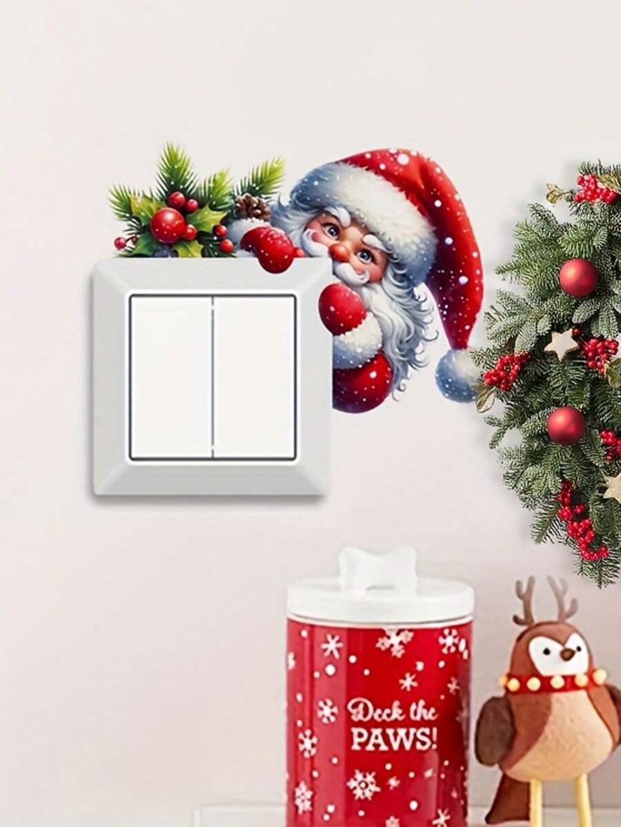 Cute Santa Claus Peeking Corner Switch Sticker - Semi-Matte Design, Easy To Peel And Stick Home Decor Wall Decal, Adds Festive Atmosphere To Your Space, Light Switch Decoration | Christmas Theme | PVC Material - E - View 1