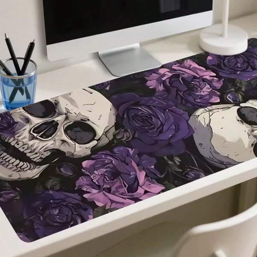 Gothic Skull And Purple Flower Design Mouse Pad Desk Mat Gaming Mats Non-Slip Stitched Edge Desk Accessories Computer Mousepads - View 1
