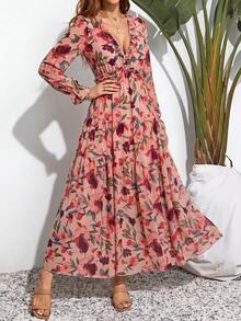 Women's V-Neckline Long-Sleeved Printed Ruffle Dress - Pink - View 3
