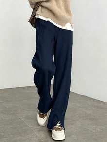 Women's Herringbone Banana Pants, Long Straight-Leg Trousers With Pockets And Slit Design, Suitable For Autumn/Winter Wear, Daily Commute Outfit - Royal Blue - View 6