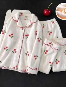 Cute Autumn/Winter Girls Cherry Print White Long Sleeve Open Front Pajama Set, Warm Comfortable Soft, Girls Home Casual - White - View 3