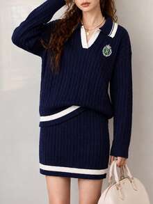 Women's Autumn/Winter Casual Minimalist Preppy Pullover & Skirt 2 Pieces Set - Navy Blue - View 4