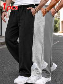 Men's Double Waistband Wide Leg Sweatpants, Fleece Lined, Drawstring Elastic Waist, Casual Loose Fit With Pockets, Streetwear Style For Daily Wear - Black - View 11