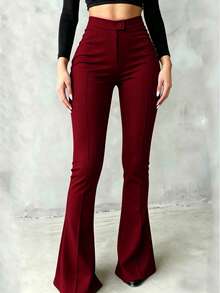 Women's High-Waisted Flare Pants, Front Seam Detail, Stretch Fabric, Suitable For Daily, Formal Occasions And Parties - Burgundy - View 1