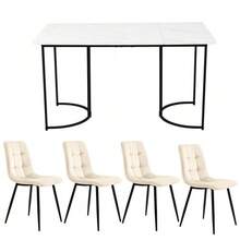 Dining Room Set (5 Pieces), Dining Table Set With 4 Chairs, Modern Kitchen Table Set, 140*80 Cm Kitchen Table With Gold Metal Legs, White MDF Tabletop, Beige Velvet Dining Chairs - Black and White - View 4