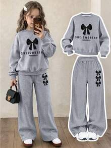 2pcs/Set Girls Big Tween Girl Round Neck Sweatshirt And Wide Leg Pants Outfit, Black Bow Print Round Neck Sweatshirt + Wide Leg Pants Matching Set, Suitable For Autumn/Winter Daily Wear - Multicolor - View 1