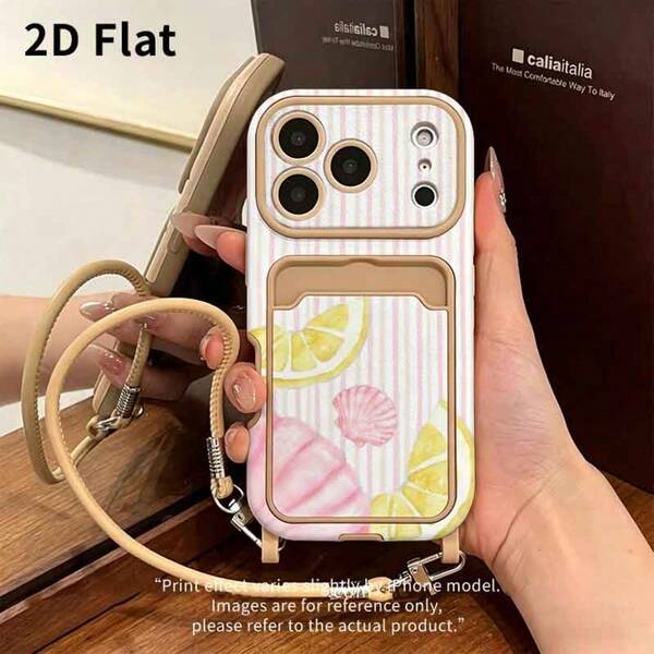 2DFlat 1PC Summer Fresh Pink & White Striped Lemon Shell Phone Case, Girly Style Anti-Fall Protective Case Suitable For All Series Phones, Card Holder Phone Case With Lanyard, Lightweight Anti-Fall Anti-Slip Anti-Fingerprint Wear-Resistant Full Camera Protection Compatible With IPhone 13/14/15/16/17 Series All Pro/Pro Max, Suitable As Birthday Gift For Family, Friends, Couples