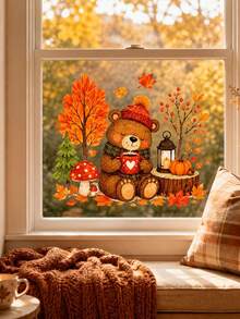 1pc Autumn Forest & Bear Window Sticker, Illustration Style Window Decor, Pumpkin Mushroom Pine Tree Lantern Berry Elements Glass Decal - D - View 7