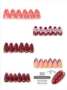 NAIO 10片杏仁形穿戴式假指甲，酒紅與裸色調花卉印花，3D漩渦紋理與金色珠飾裝飾，優雅亮面女性美甲 - 彩色 - 查看 4