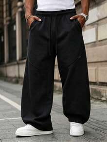 Men's Black Drawstring Straight Leg Sweatpants, Diagonal Split Panel Design With Small Label Decoration, High Waist Tie Design, Knitted Fabric, Loose Drape Casual Pants, Minimalist Daily Commute Trousers, Suitable For Commuting, Streetwear, Home Leisure, Vacation Travel - Black - View 3