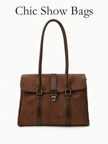 女款 Satchel 手提托特包，純色麂皮 PU 拼接材質，金屬鎖扣，長頂部手柄，大容量，復古風，適合辦公工作與日常通勤 - 咖啡 - 查看 2