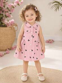 Baby Girl Sleeveless Dress With Collar, All-Over Bow And Button Design, Sweet Princess Style Infant Dress - Pink - View 2