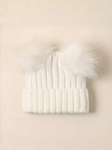 Autumn/Winter Minimalist Versatile Warm Double Pom-Pom Solid Color Kids Knitted Hat & Gloves Set, 2pcs/Set - 2pcs - View 7