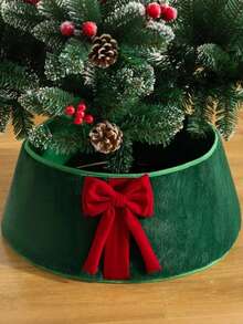 Artificial Christmas Tree Collar, Green Christmas Tree Skirt With Large Red Bow, Suitable For Christmas Party, Tree Decoration And Holiday Home Decor, Perfect Christmas Accessory - one-size - View 2
