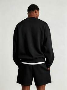 Men's Spring/Autumn Minimalist Gold Milan Print Letter Crew Neck Long Sleeve Sweatshirt And Shorts Casual Set - Black - View 2