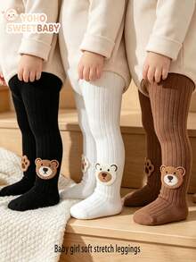 3/1 Pair Baby Knitted Tights, Cute Bear And Paw Print Decoration, Elastic Foot Tights, Suitable For Children's Daily Wear - Multicolor - View 10