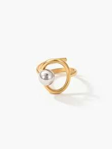 Vandermere 1pc Minimalist Stainless Steel Bicolor Gold & Silver Beaded Open Ring - Two-color - View 2