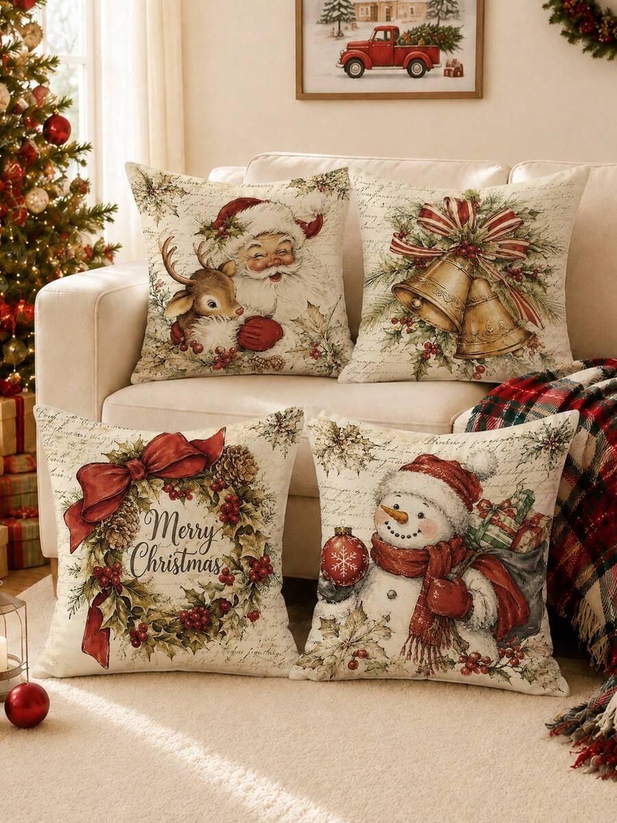 4pcs Winter Christmas Vintage Santa Claus Reindeer Snowman Christmas Wreath Pattern Cushion Covers, Single-Sided Printed Skin-Friendly Peach Skin Velvet Material, 45*45/40*40/50*50CM Pillow Covers Suitable For Room Decoration, Indoor Sofa Living Room Decoration Party Decoration, Decorative Cushion Covers Gift - Multicolor - View 1