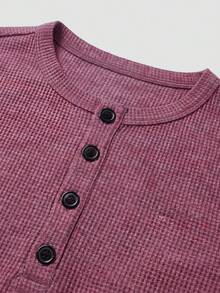 glestore Men's Vintage Old Money Style Solid Color Waffle Knit Short-Sleeve Pullover Henley Neck Design Stylish And Versatile Commuter Casual Wear - Rusty Rose - View 6