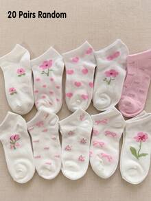 5/10/20 Pairs Random Floral Butterfly Princess Style Girls Short Socks, Soft & Breathable, Student Socks, Casual Daily Wear, Halloween Party, Back To School Outfit - Multicolor - View 10