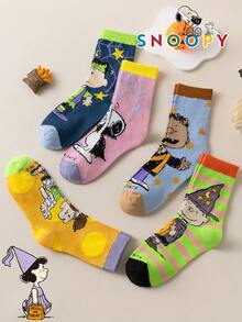 1/5/10雙 Snoopy 女款中筒襪，正版小狗與蝙蝠圖案，趣味卡通風格，萬聖節設計 - 彩色 - 查看 6