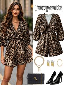 Women's Elegant Leopard Print V-Neck Jumpsuit, Puff Sleeve Ruffle Waist Tie Casual Short Jumpsuit, Vintage Street Style All Season Daily Wear - Multicolor - View 2