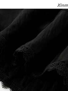 Elegant Layered Skirt With Lace Patchwork And Ruffle Hem, Soft Spring/Summer Style, Versatile For Travel, Casual And Vacation Wear - Black - View 6