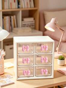 Drawer-Style Mini Cosmetic Organizer, Featuring Various Colored Bows, Transparent Plastic Stackable Storage Boxes, Multiple Designs, And Multiple Compartments. Suitable For Desktops, Offices, And Bedrooms, With A Smooth, Easy-To-Clean Surface. - Multicolor - View 3
