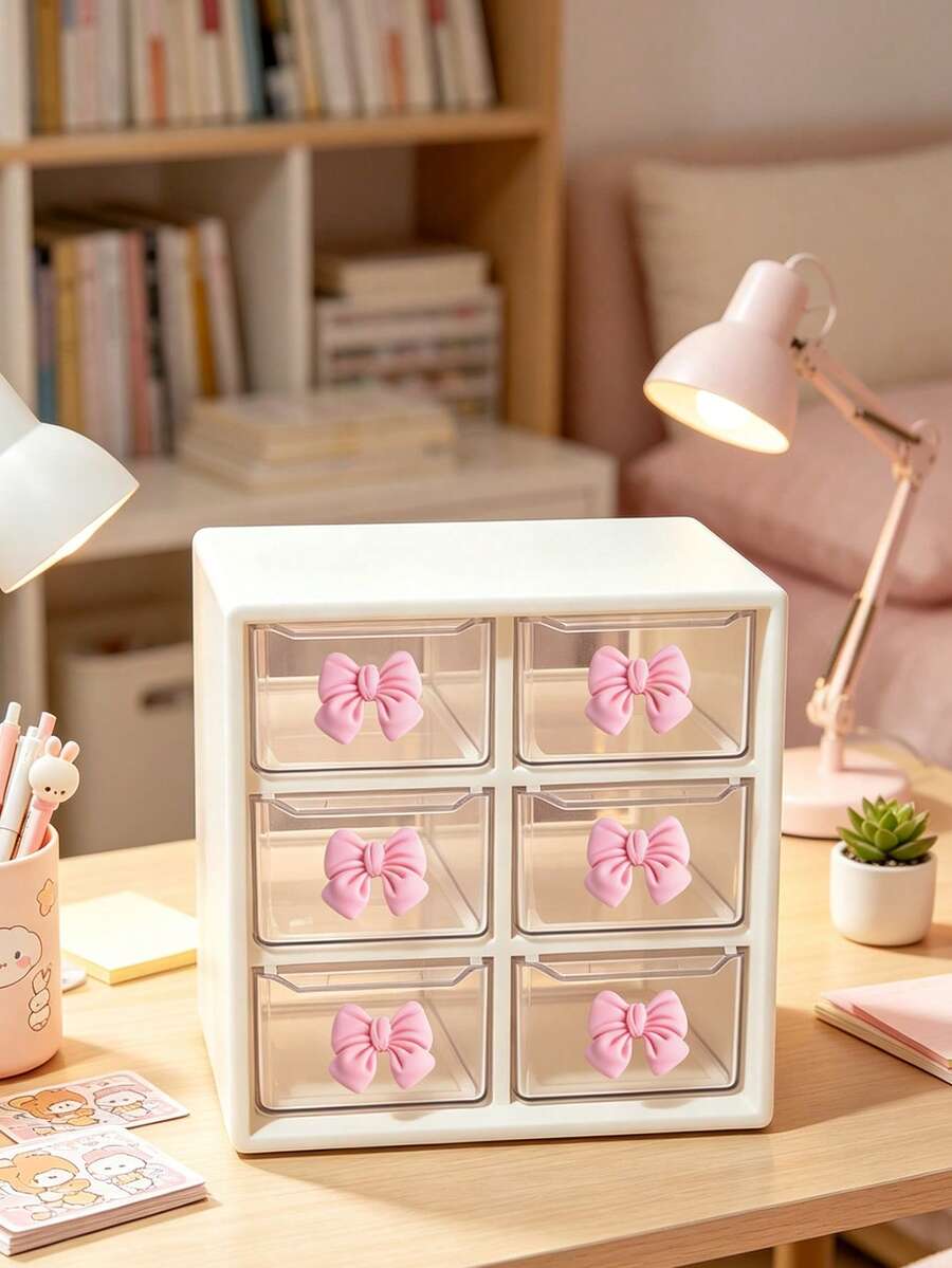 Drawer-Style Mini Cosmetic Storage Box With Multiple Color Bows, Transparent Plastic Stackable Storage Box, Multiple Designs, Multi-Compartment Partition, Suitable For Desk, Office And Bedroom, Smooth Surface Easy To Clean - Multicolor - View 1