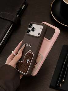 Personalized Customized Faux Lychee Texture Hard Shell Couple Embroidered Bear Phone Case, Name Letter Customization, Suitable For Apple 18 17 16 15 14 Pro Max 13 12 11 Plus - Chocolate Brown - View 7