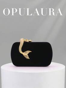OpulAura 女士复古时尚丝绒手拿包，美人鱼造型纽扣设计，欧美风格，高端简约方型手提包，适合婚礼、晚宴、正式活动、派对等场合，可手提或单肩背，配有高品质链条肩带 - 黑色 - 查看 1