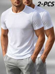 2pcs Men's Solid Color Crew Neck Short Sleeve T-Shirts, Casual Fashion Home Wear For Spring, Summer, Autumn, Suitable For Casual Wear, Daily Activities, Fitness - Multicolor - View 2