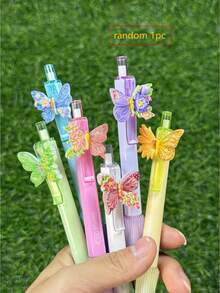 6/12pcs Macaron Color Butterfly Decor Click Neutral Pens, 3D Butterfly Flower Ornament, Playful Eye-Catching Macaron Gradient Pen Body For Writing - Multicolor - View 14